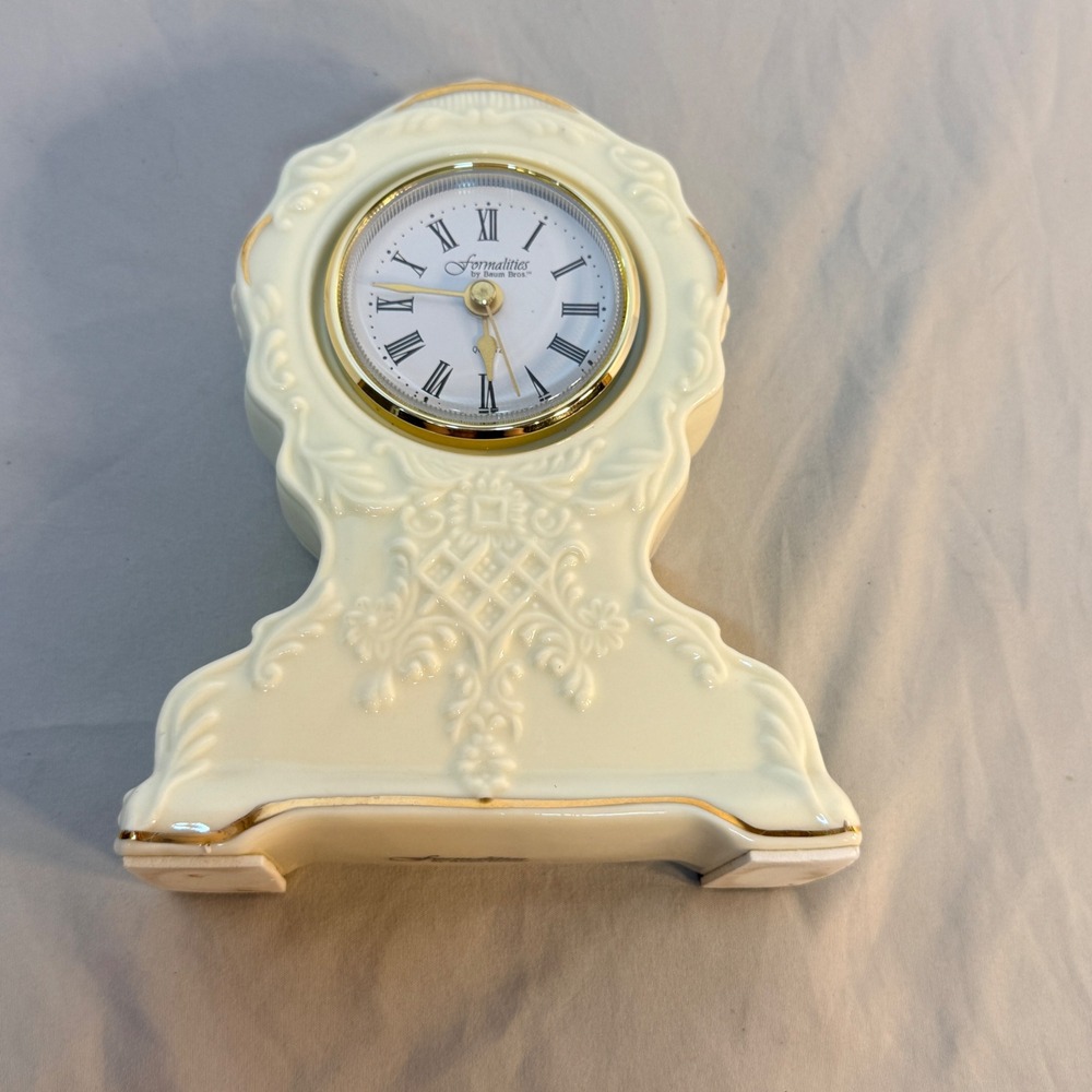 Formalities by Baum Bros Porcelain Mantel Clock Cream Gold Trim Roman Numerals